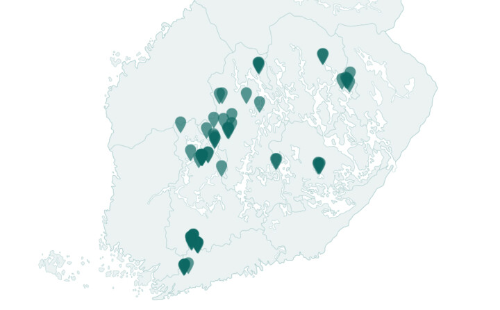 Karttakuva, jossa näkyy Finsilvan Metso- ja Helmi-kohteiden sijainnit. Kohteita on eniten Etelä- ja Keski-Suomessa.